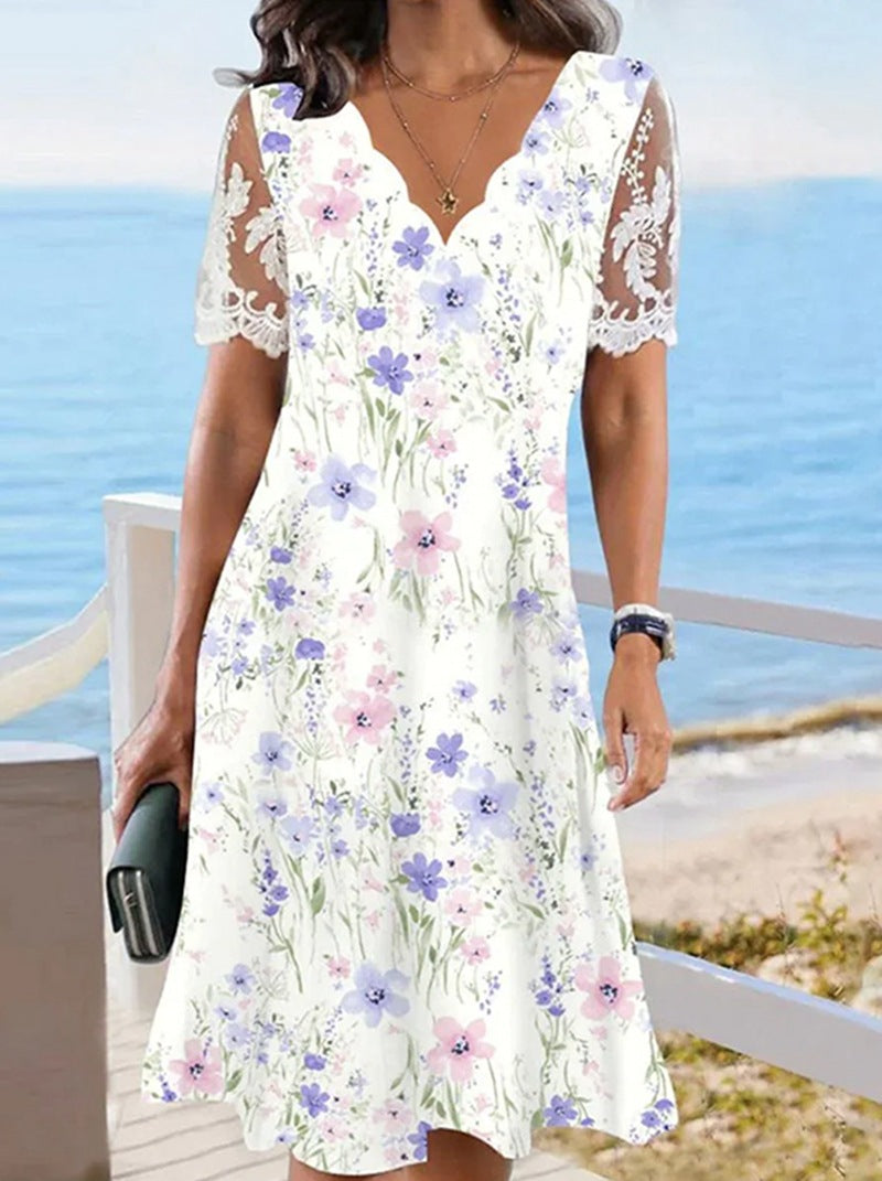 Lace Short-sleeve Floral Dress Women's Clothing