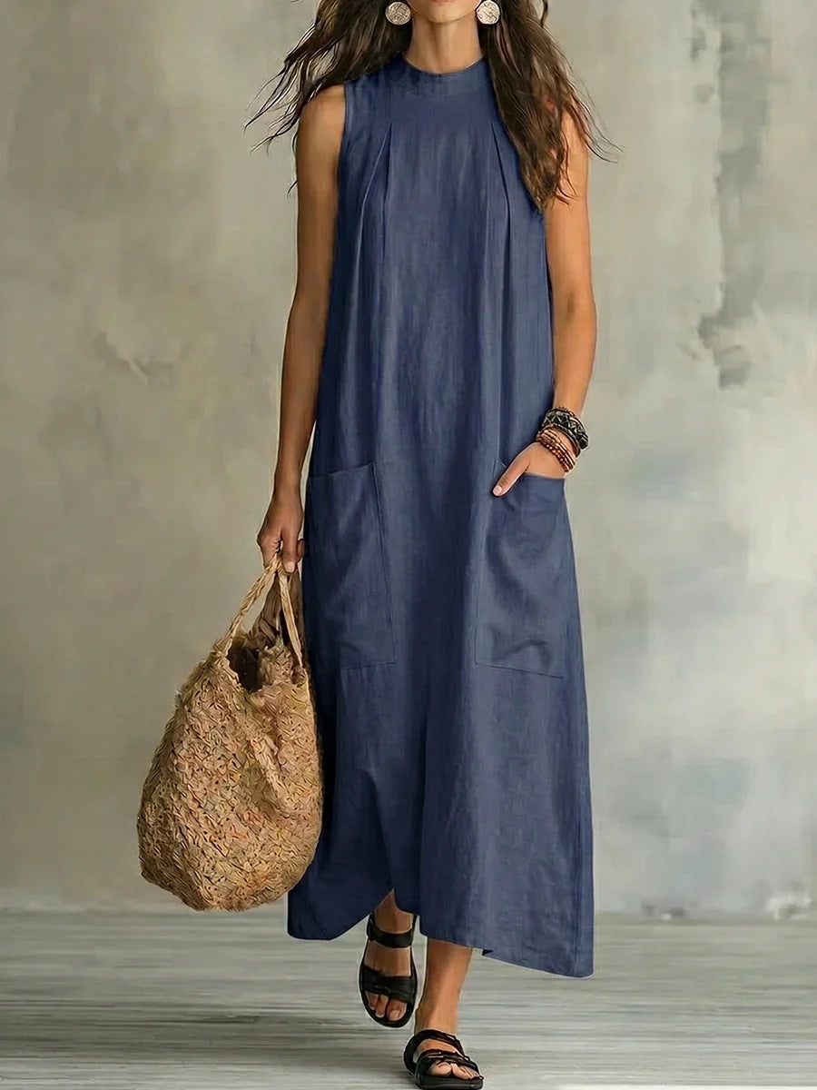 Womens Loose Cotton-Linen Sleeveless Pocket Dress