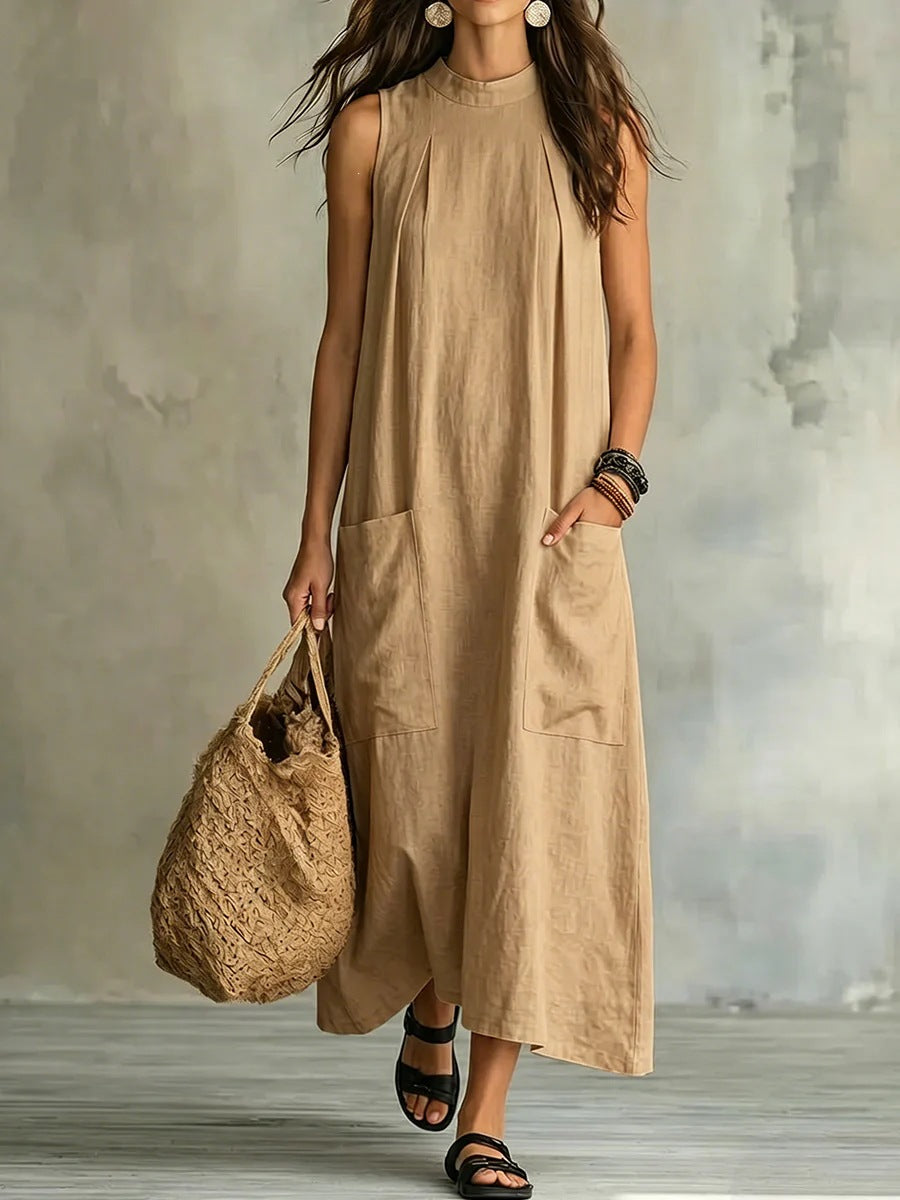 Womens Loose Cotton-Linen Sleeveless Pocket Dress