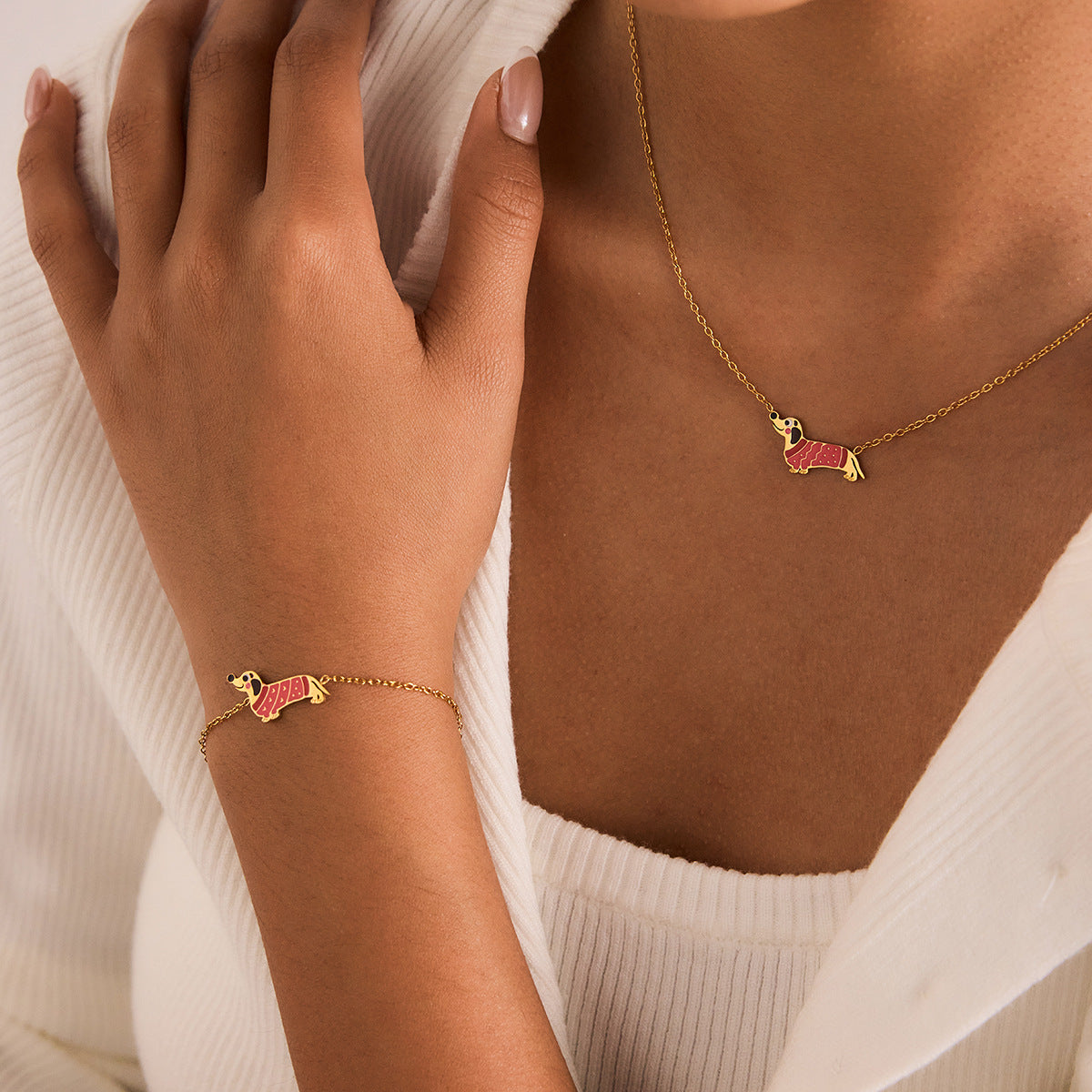 Stainless Steel Oil-Dripping Puppy Bracelet Womens High-End Necklace Light Luxury