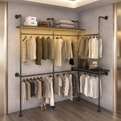 Industrial Pipe Clothing Rack, Reversible 118.3'' Clothes Rack For Hanging Clothes, Heavy Duty Garment Rack Closet Wardrobe Rack With LED Lights & Shelves, Walk-in Closet System, Black Three