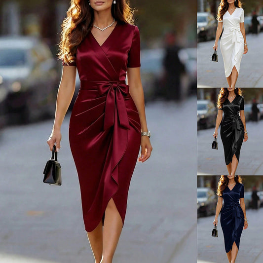 Womens Solid-Color Elegant Satin V-Neck Dress With Bow