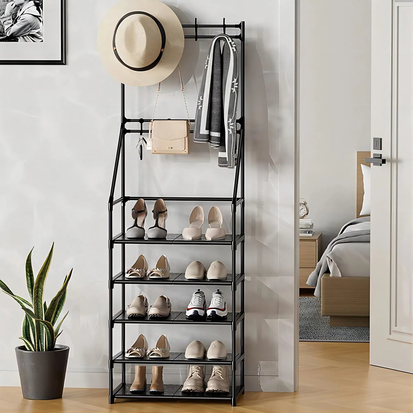 5-Tier Shoe Rack Shoe Storage For Entryway,Narrow Shoe Rack,Coat And Shoe Rack With 8 Hooks