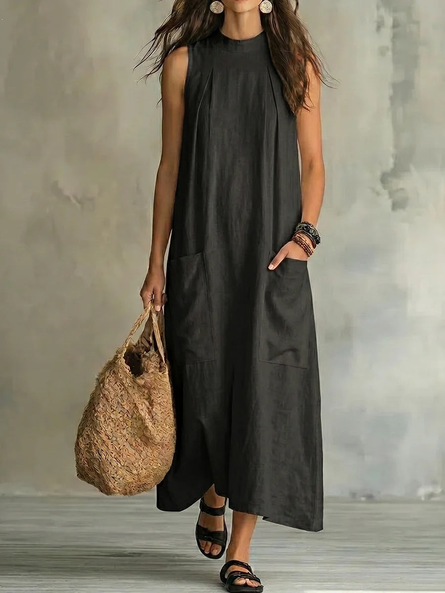 Womens Loose Cotton-Linen Sleeveless Pocket Dress