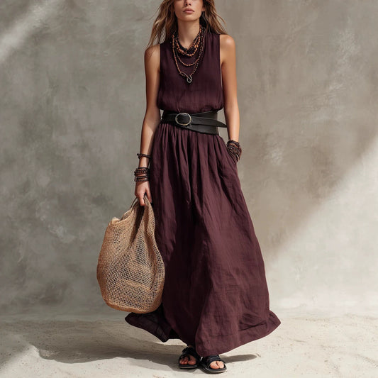 Turn-down Collar Long Sleeveless Dress