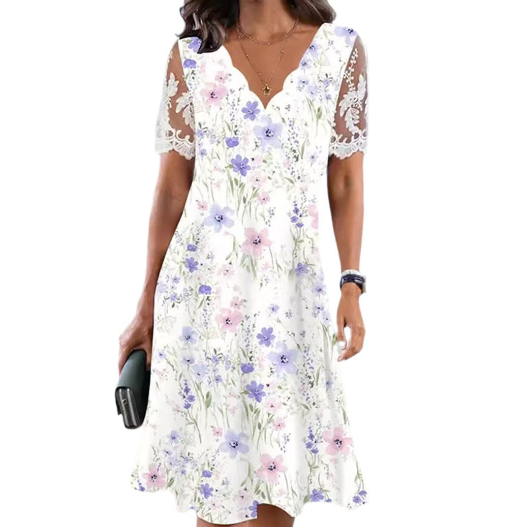 Lace Short-sleeve Floral Dress Women's Clothing