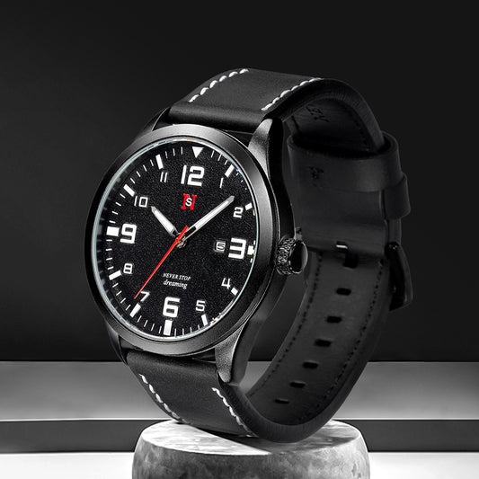 Mens Quartz Watch With A Leather Strap Large Dial And Calendar