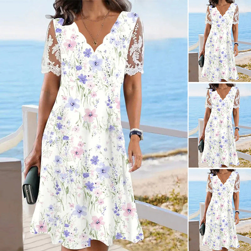 Lace Short-sleeve Floral Dress Women's Clothing