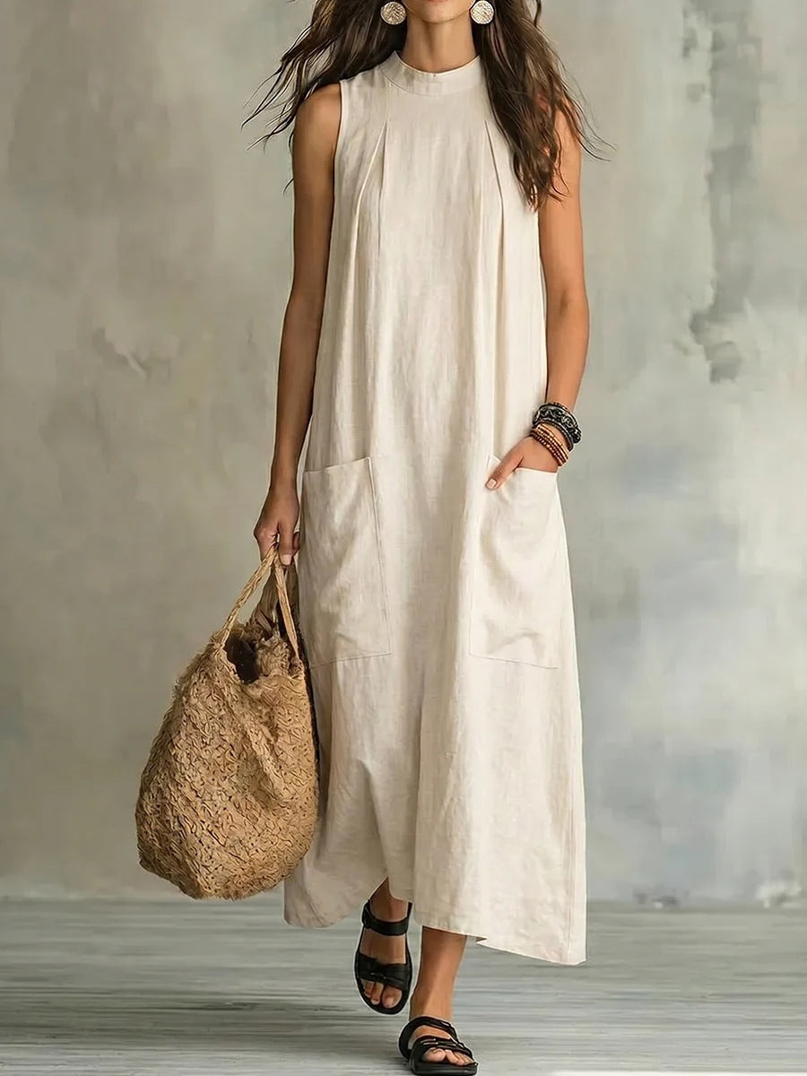 Womens Loose Cotton-Linen Sleeveless Pocket Dress