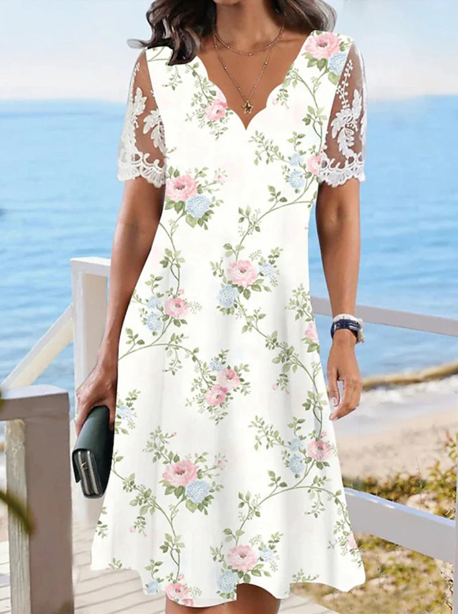 Lace Short-sleeve Floral Dress Women's Clothing