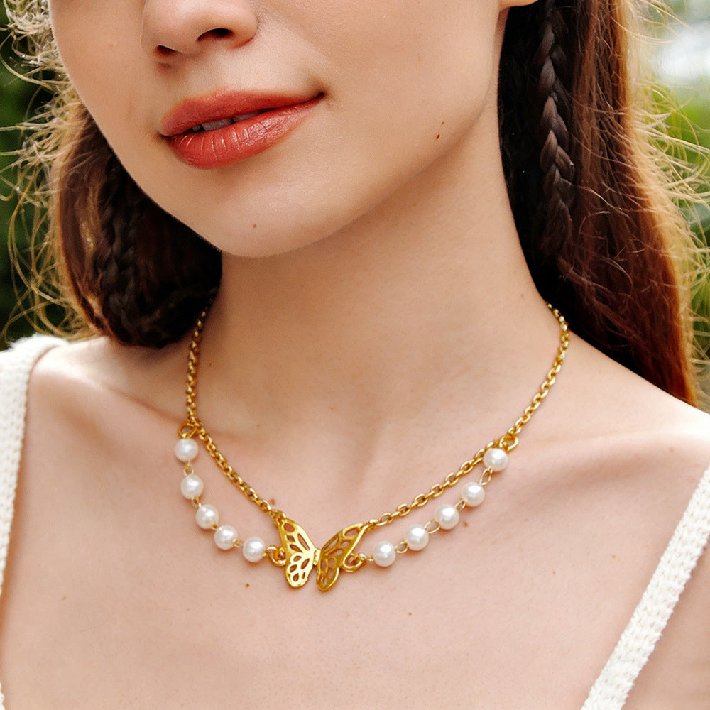 Stainless Steel Necklace With Butterfly And Pearl Wings Layered Light Luxury Style