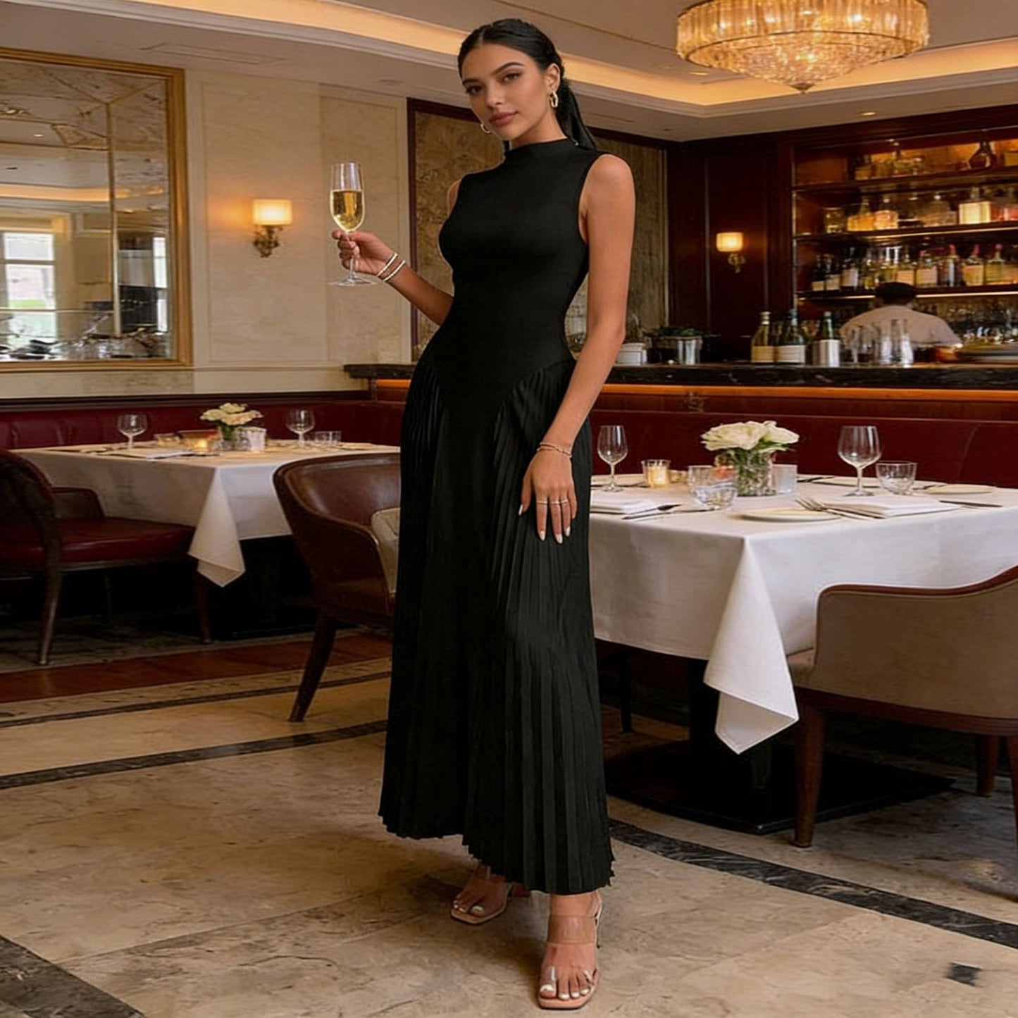 Elegant Pleated Waist Cinching Long Dress