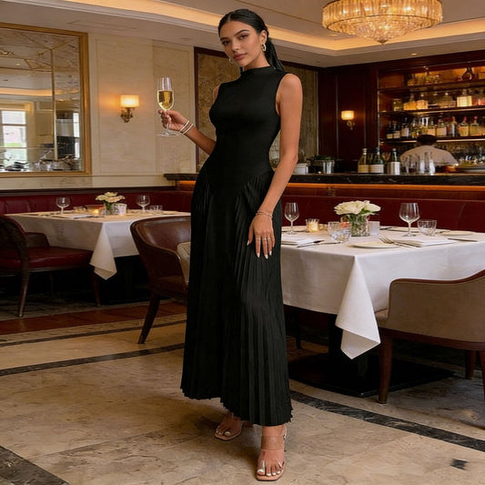 Elegant Pleated Waist Cinching Long Dress