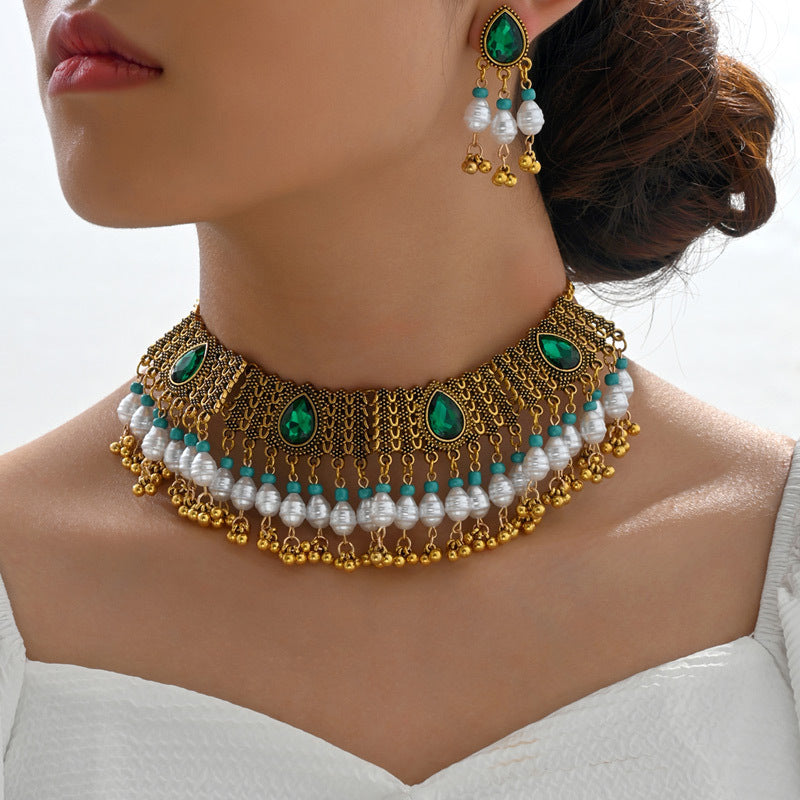 Ethnic-style Pearl Flower Necklace And Earrings Set