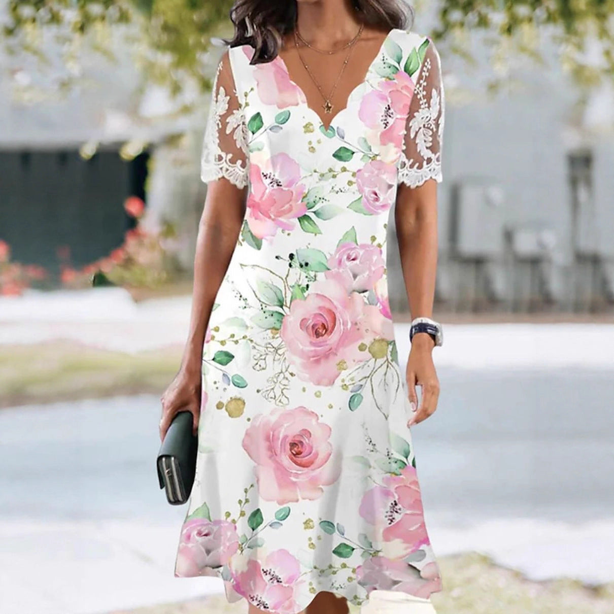 Lace Short-sleeve Floral Dress Women's Clothing