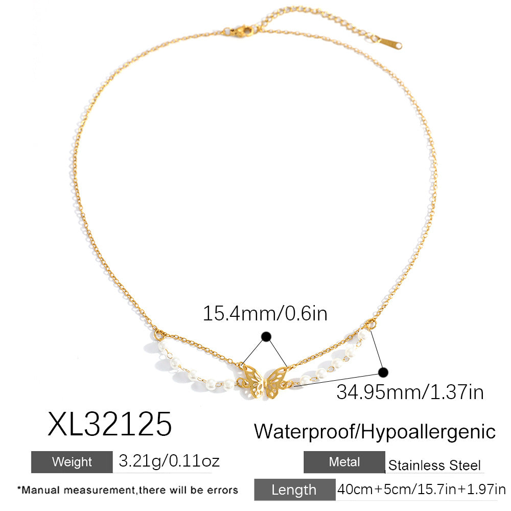 Stainless Steel Necklace With Butterfly And Pearl Wings Layered Light Luxury Style