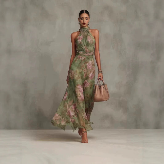 Neck-hanging Printed Chiffon Maxi Dress