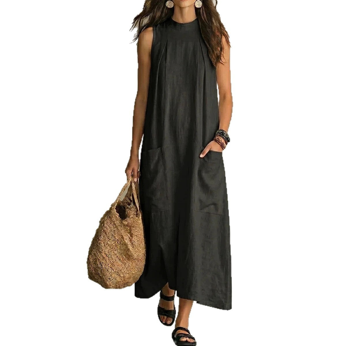Womens Loose Cotton-Linen Sleeveless Pocket Dress