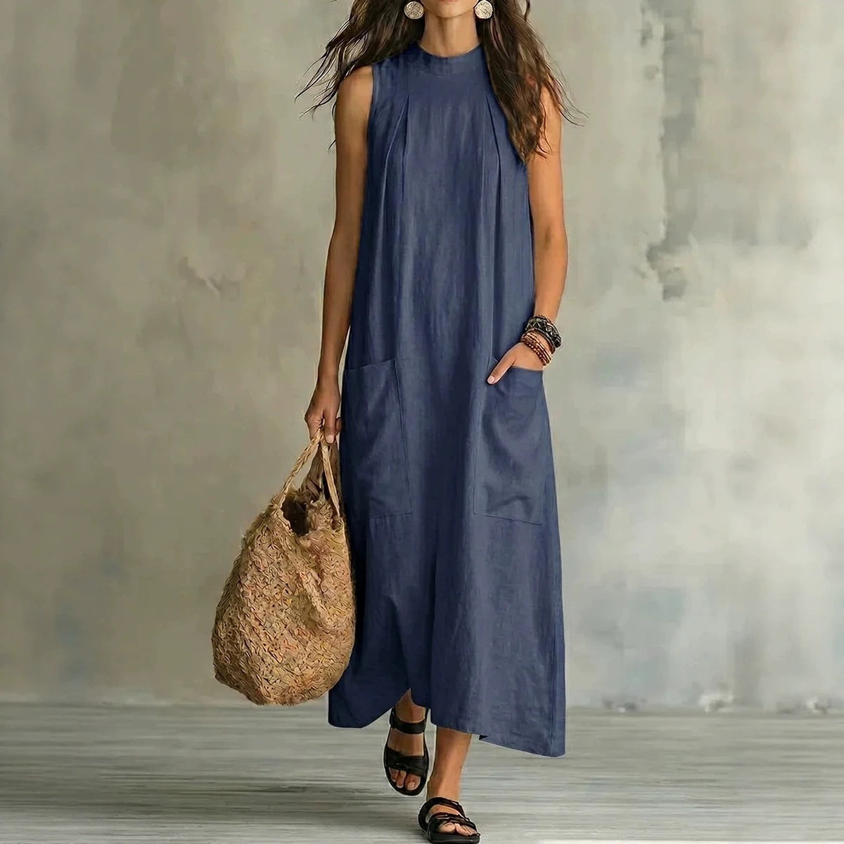 Womens Loose Cotton-Linen Sleeveless Pocket Dress