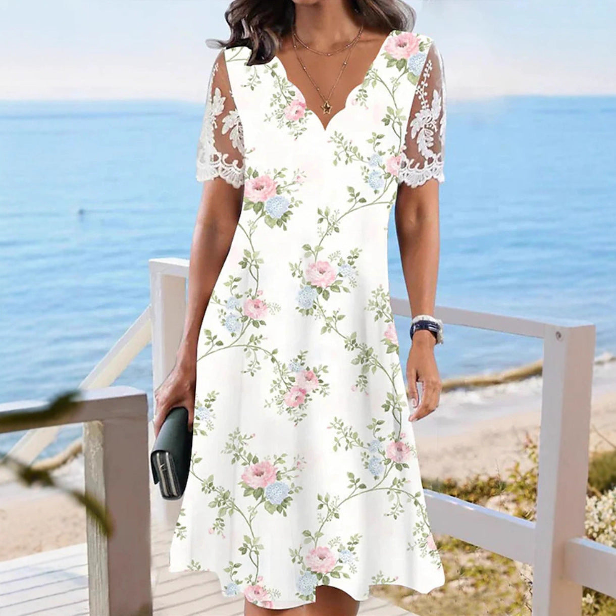 Lace Short-sleeve Floral Dress Women's Clothing