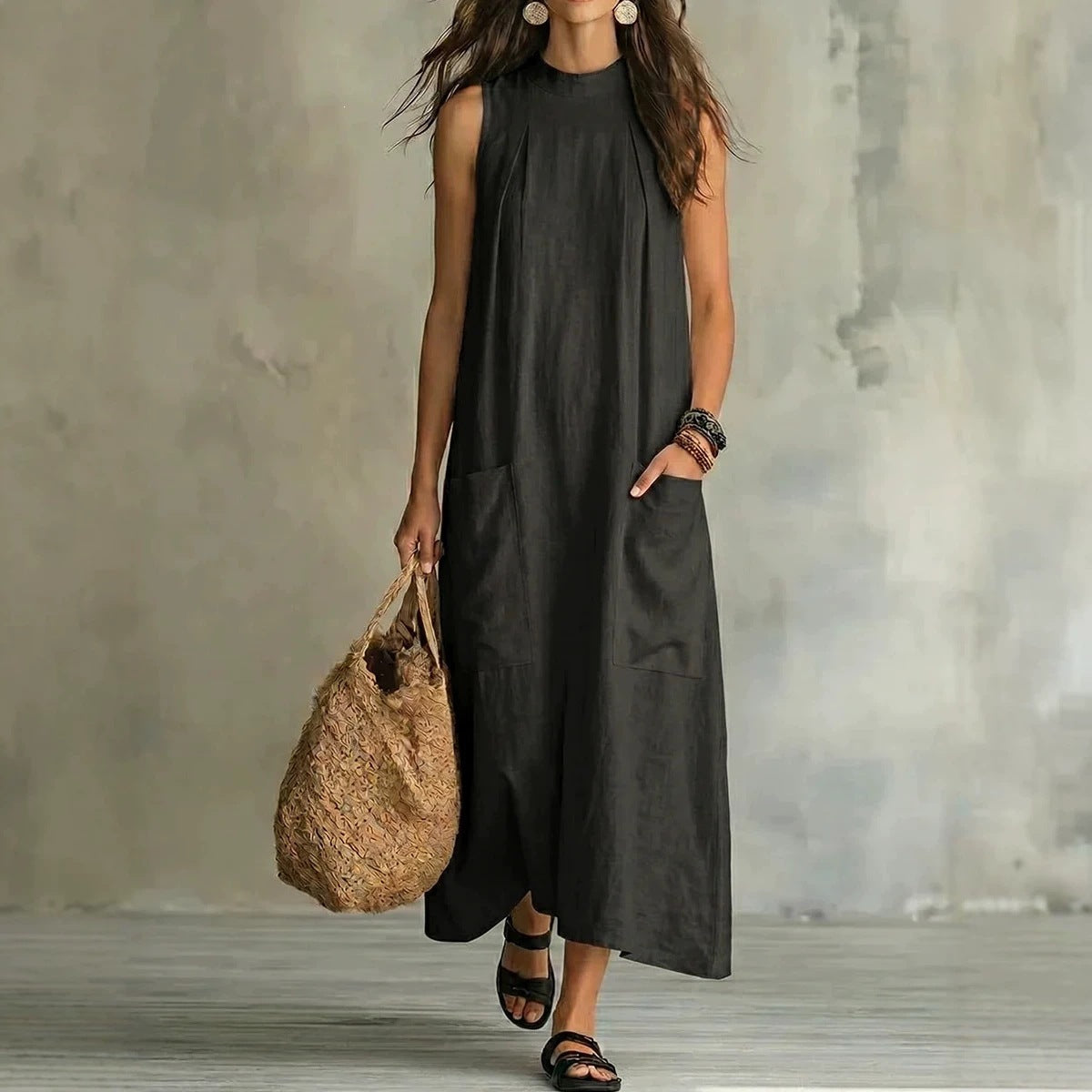 Womens Loose Cotton-Linen Sleeveless Pocket Dress