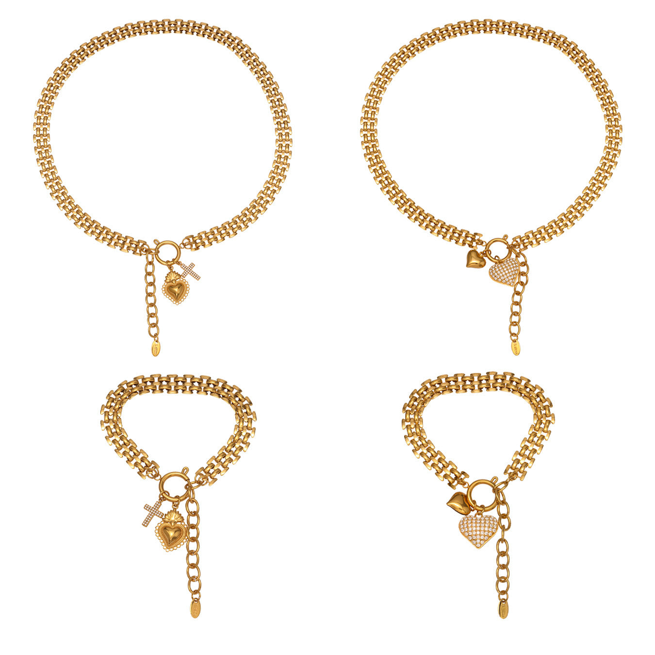 Full-Crystal Zircon Heart Pendant Necklace And Bracelet Set